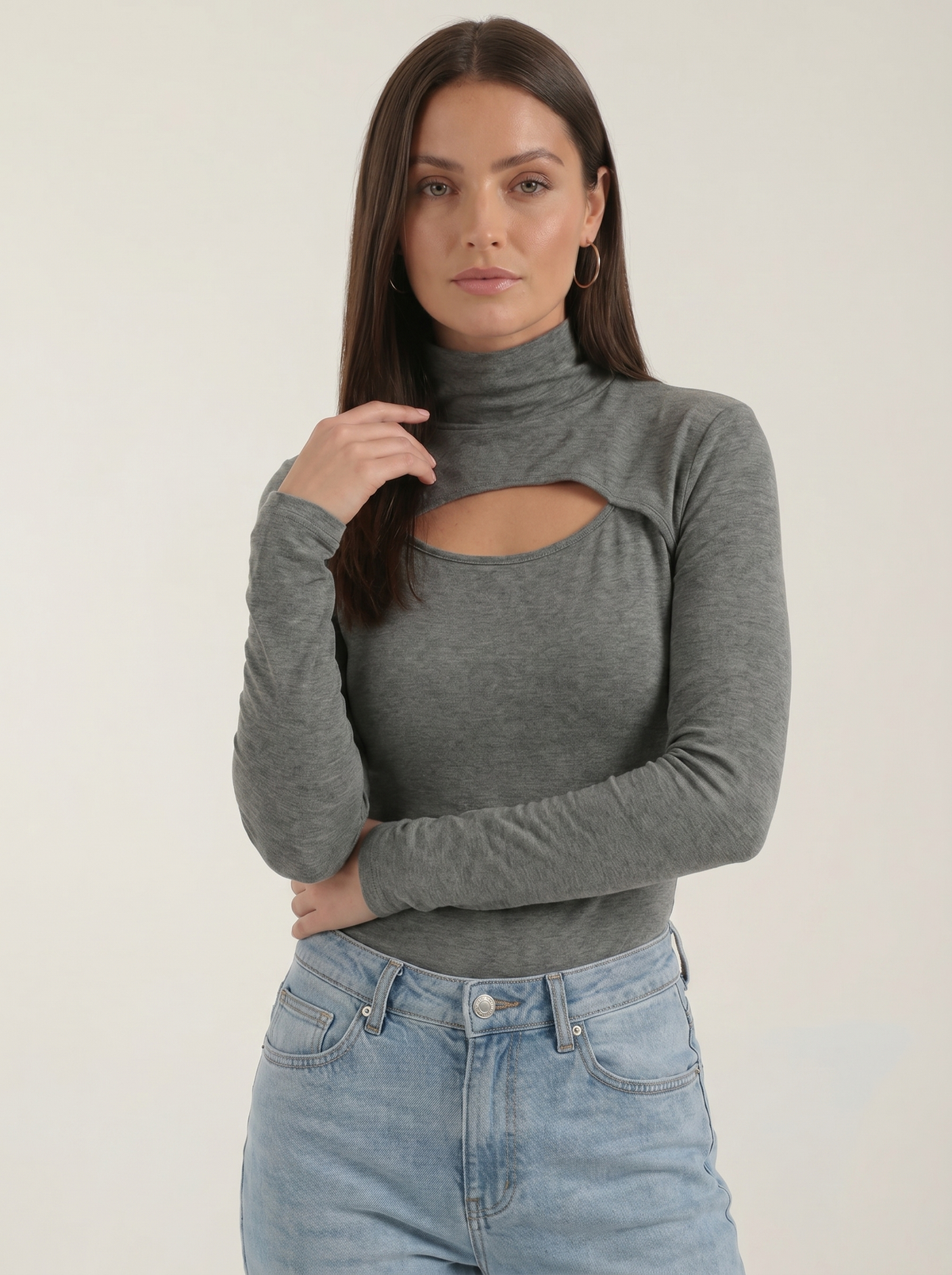 Barbara Cut Out Stand Collar Long Sleeve Top