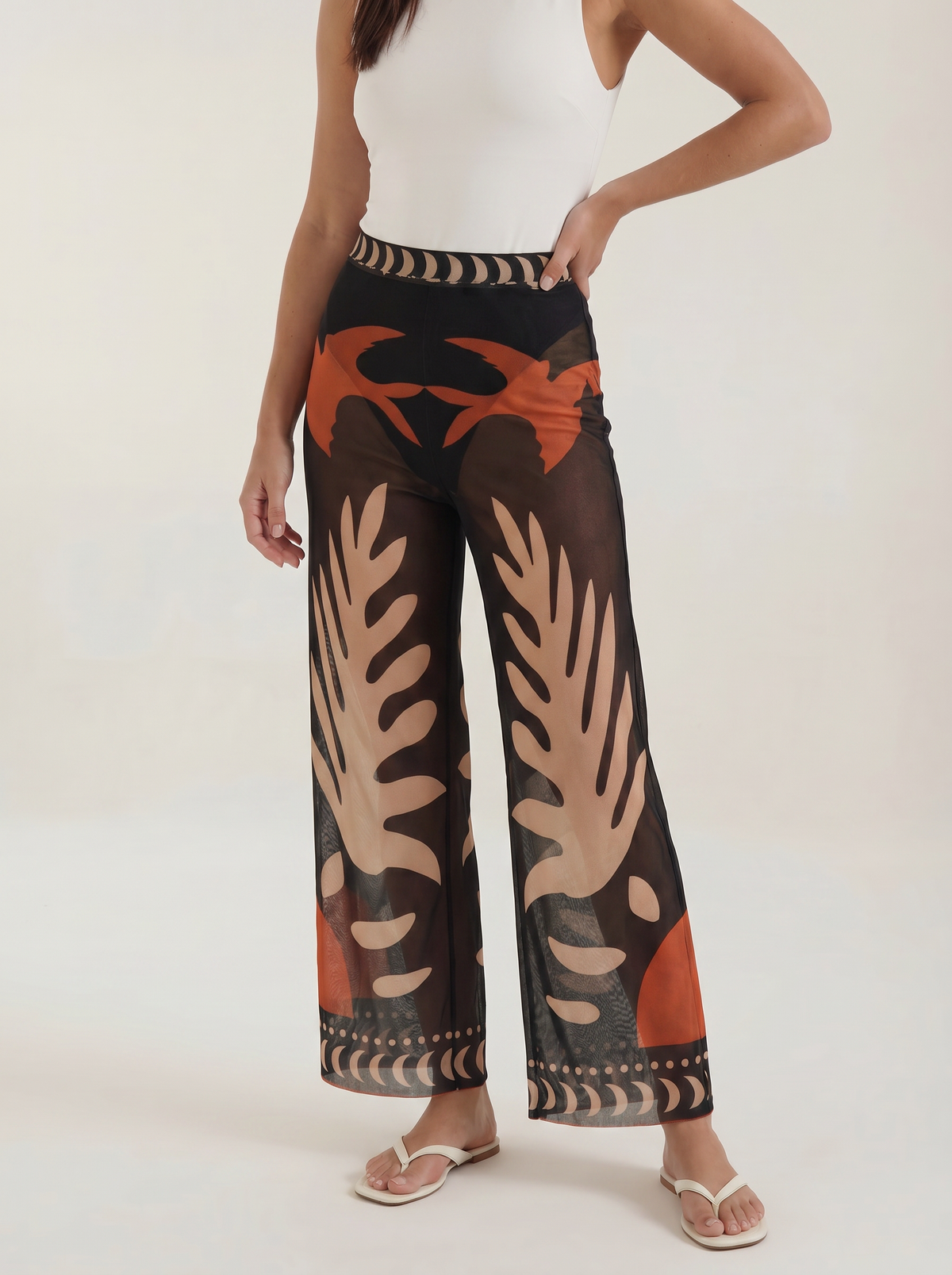 Beth Tropical Print Mesh Wide Leg Pants