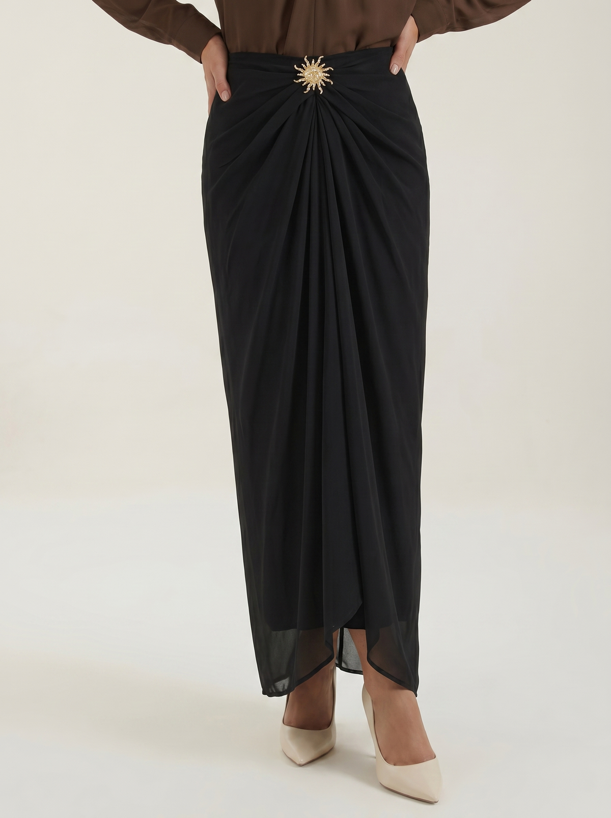 Cleo Draped Asymmetric Maxi Skirt with Brooch