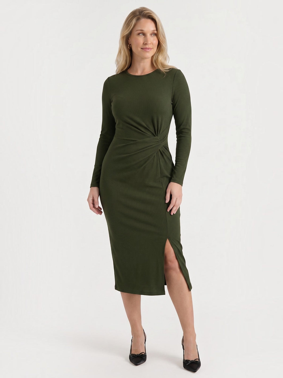Danna Ribbed Knot Wrap Midi Dress with Slit