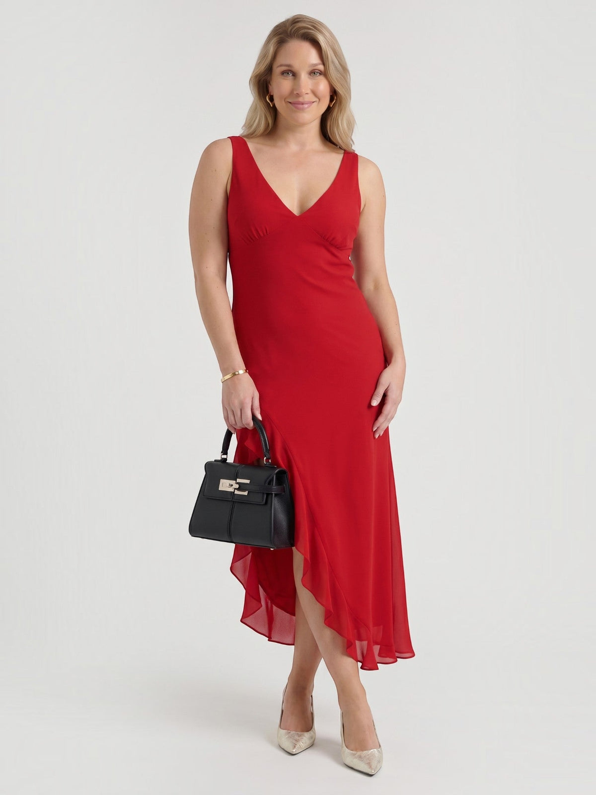 Leslie V Neck High Low Ruffle Midi Dress