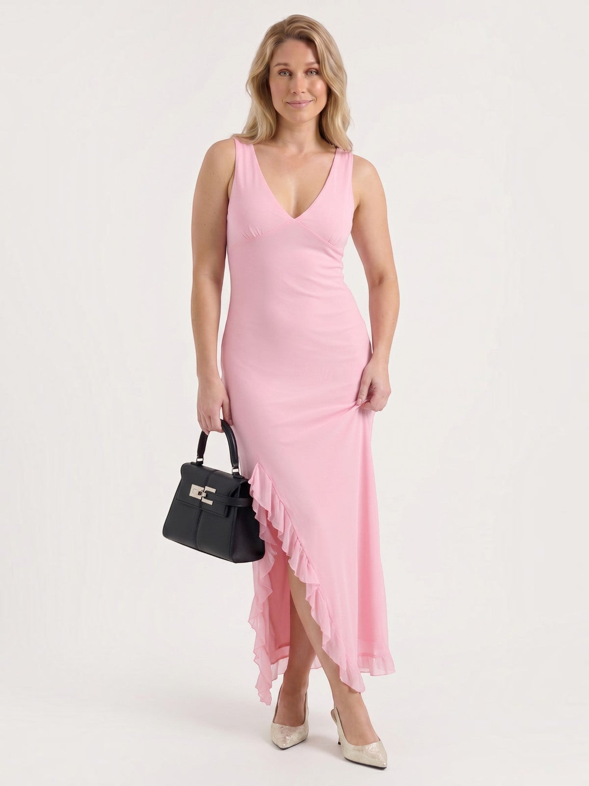 Leslie V Neck High Low Ruffle Midi Dress