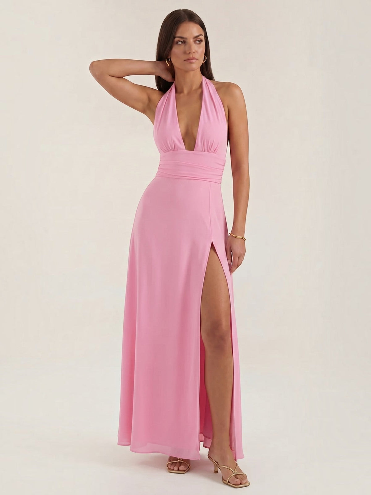Anya Plunge Halter Neck Maxi Dress with Slit