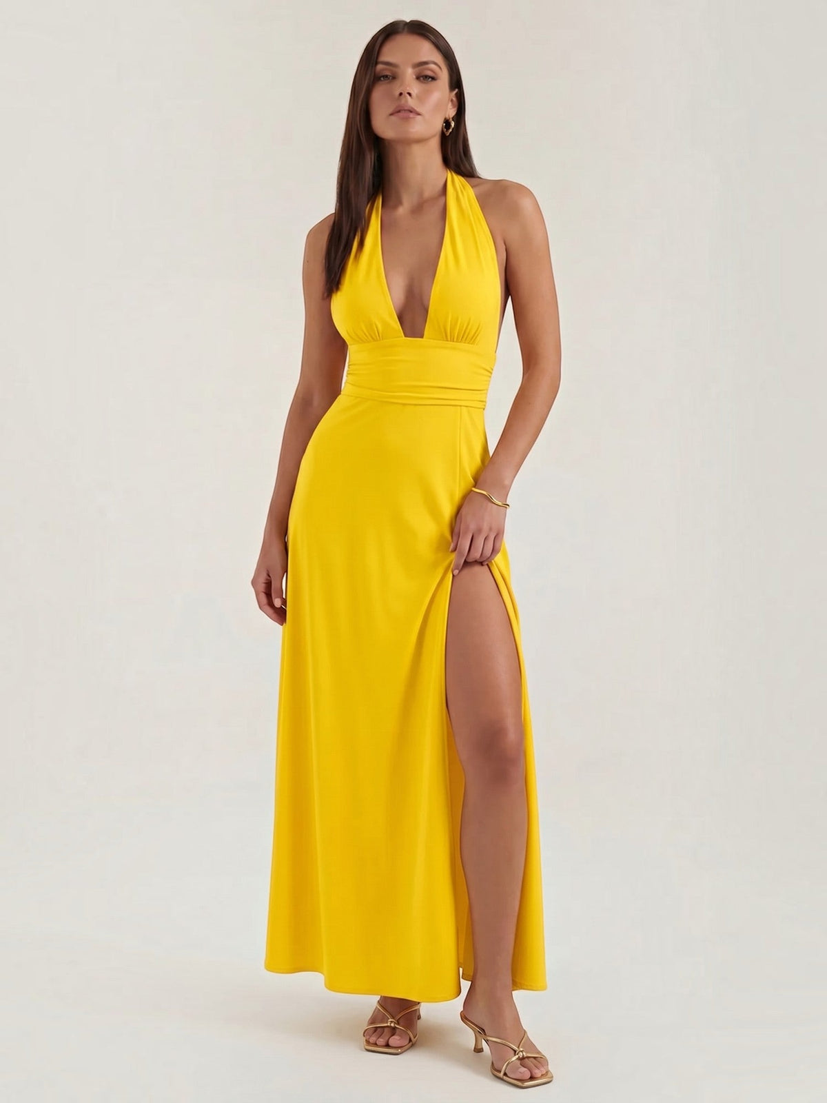 Anya Plunge Halter Neck Maxi Dress with Slit