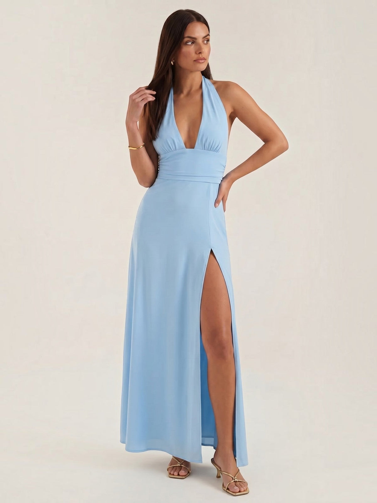Anya Plunge Halter Neck Maxi Dress with Slit