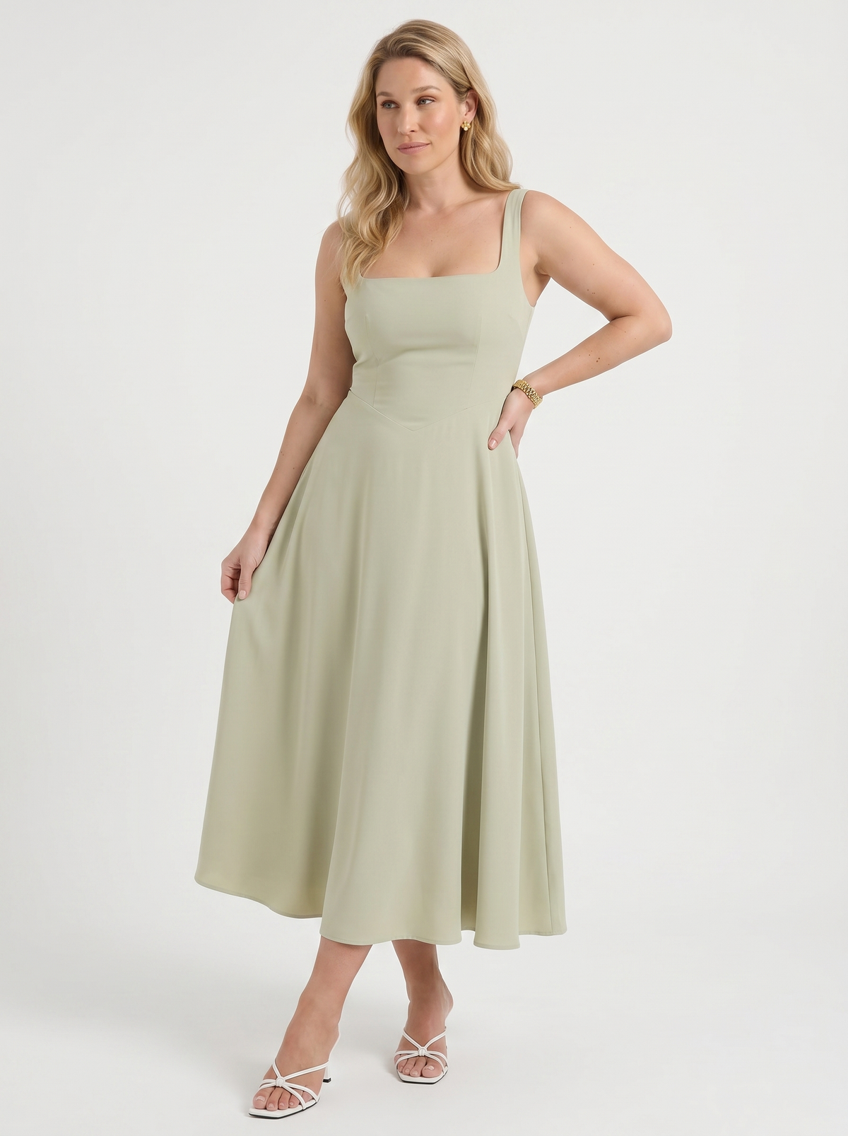 Clarisse Square Neck Swing Skirt Midi Dress