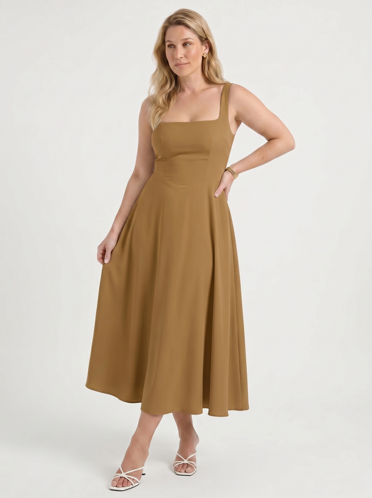 Clarisse Square Neck Swing Skirt Midi Dress