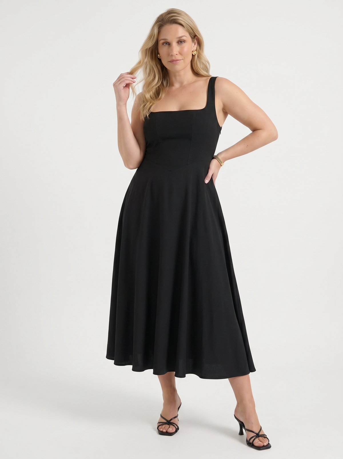 Clarisse Square Neck Swing Skirt Midi Dress