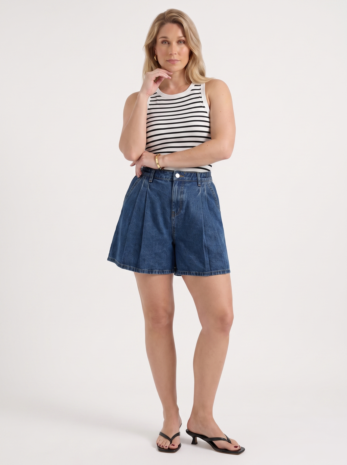 Leila High Waisted Pleated Denim Shorts
