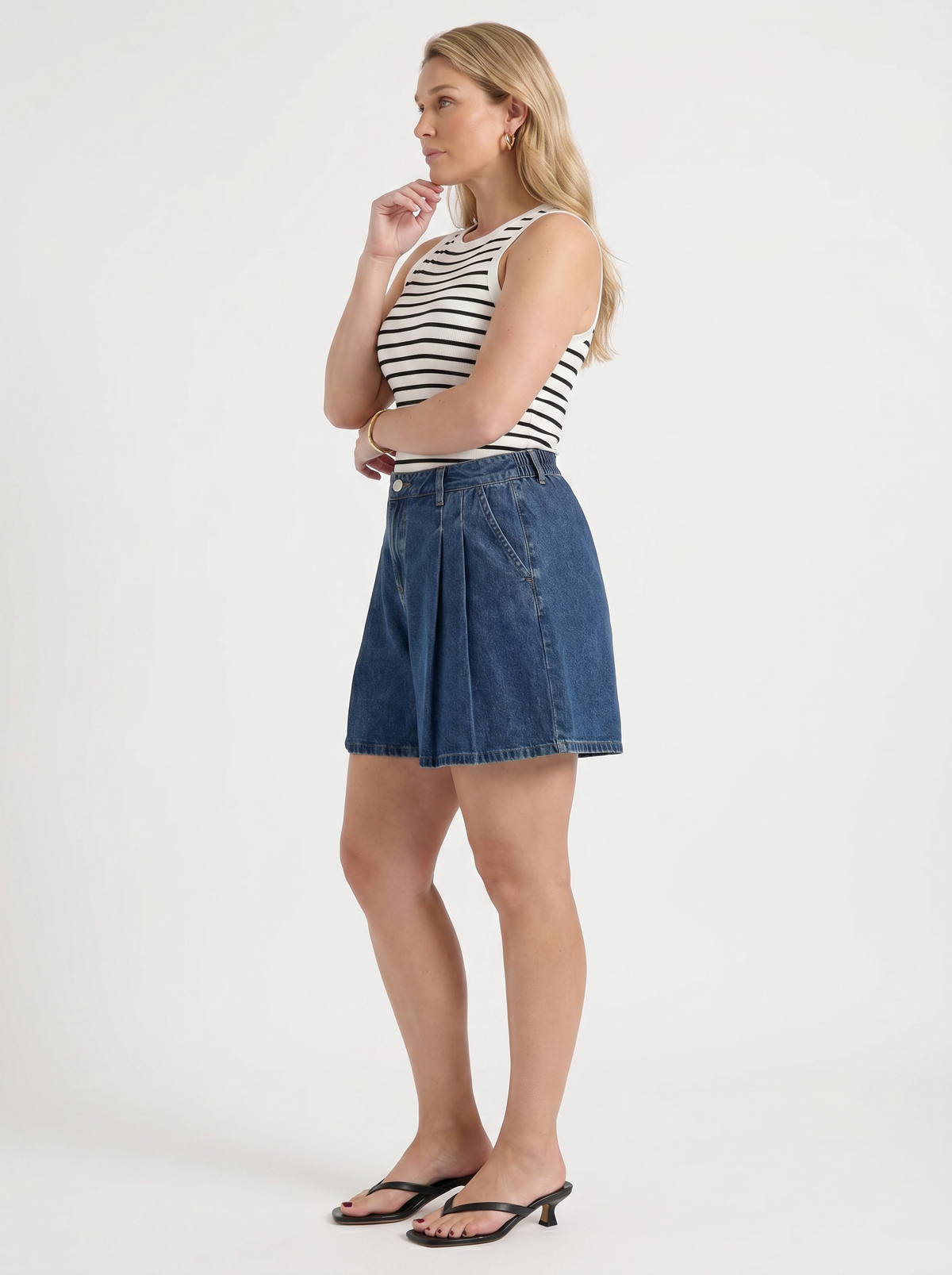 Leila High Waisted Pleated Denim Shorts