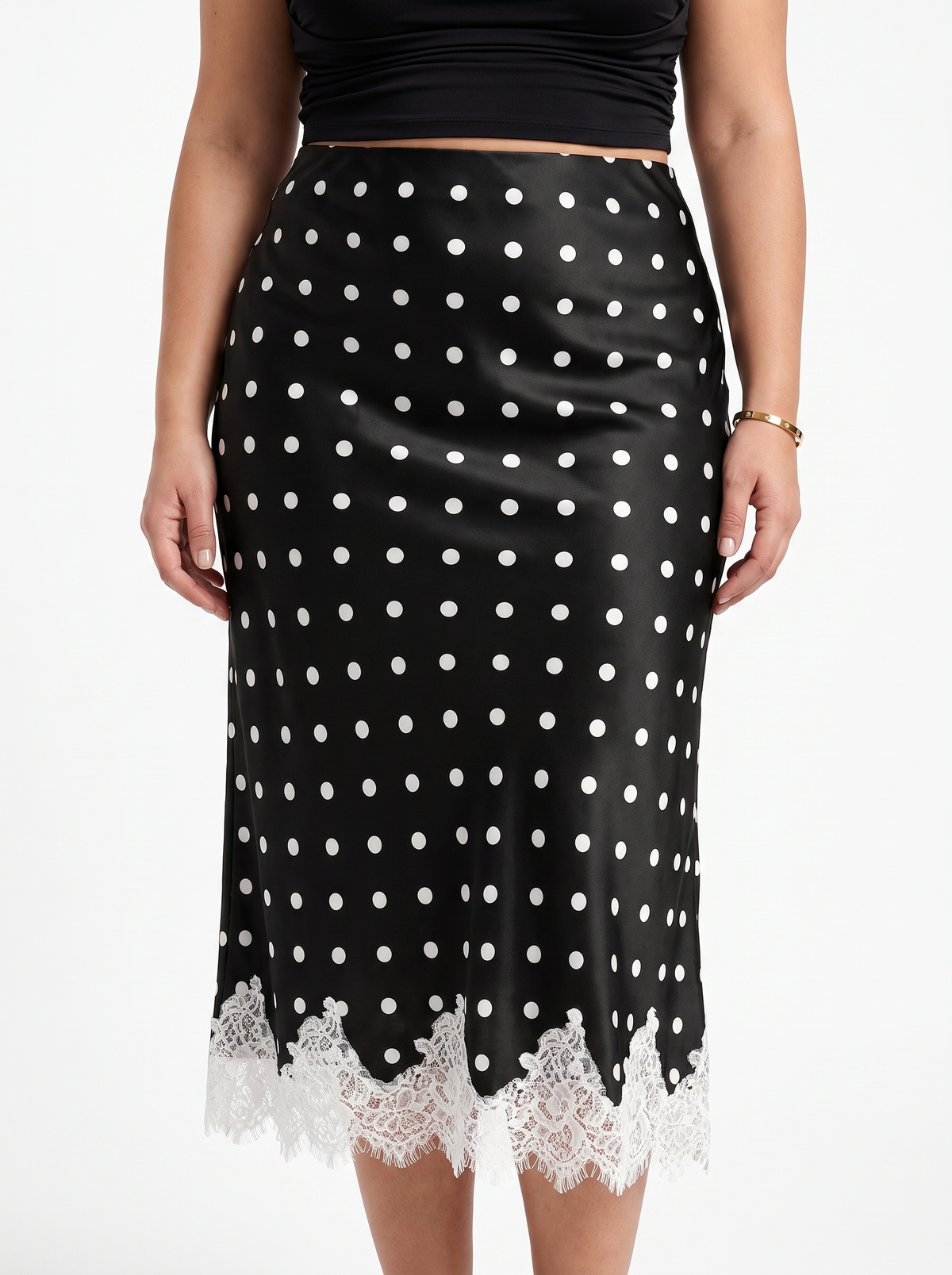 Christel Polka Dot Lace Hem Midi Skirt