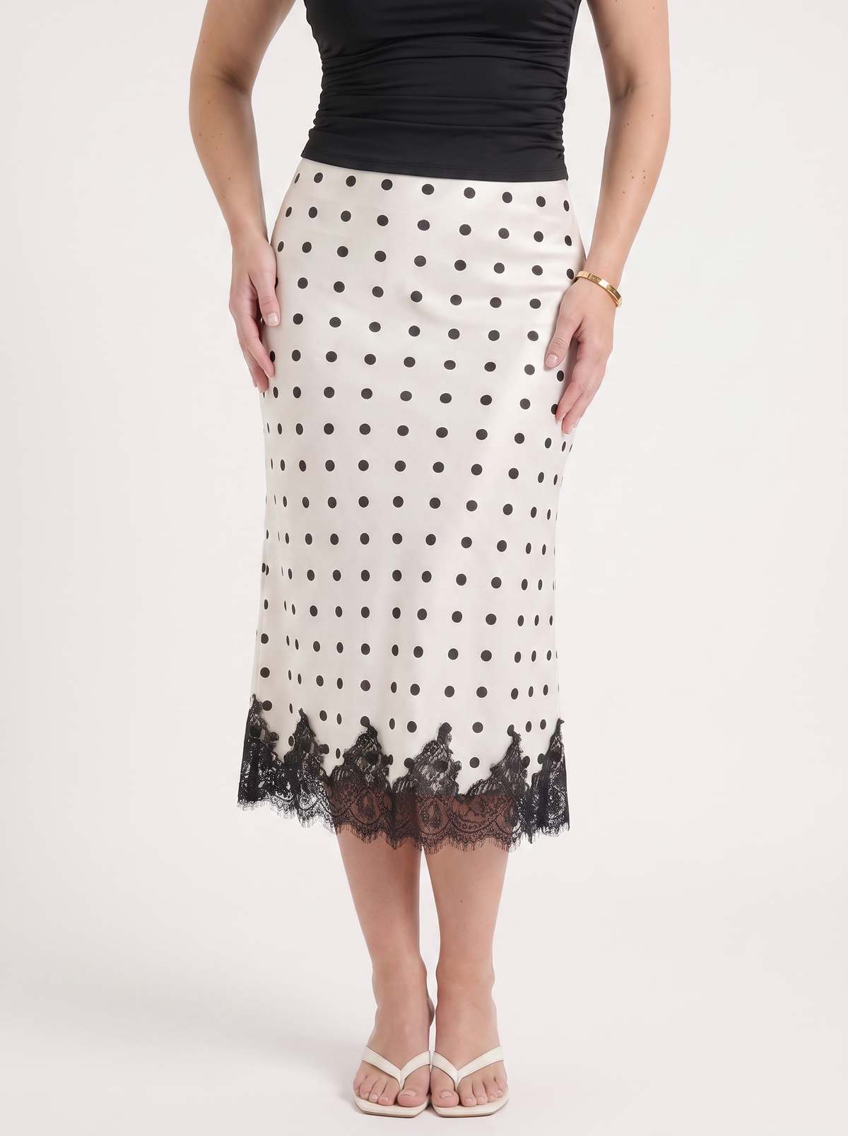 Christel Polka Dot Lace Hem Midi Skirt