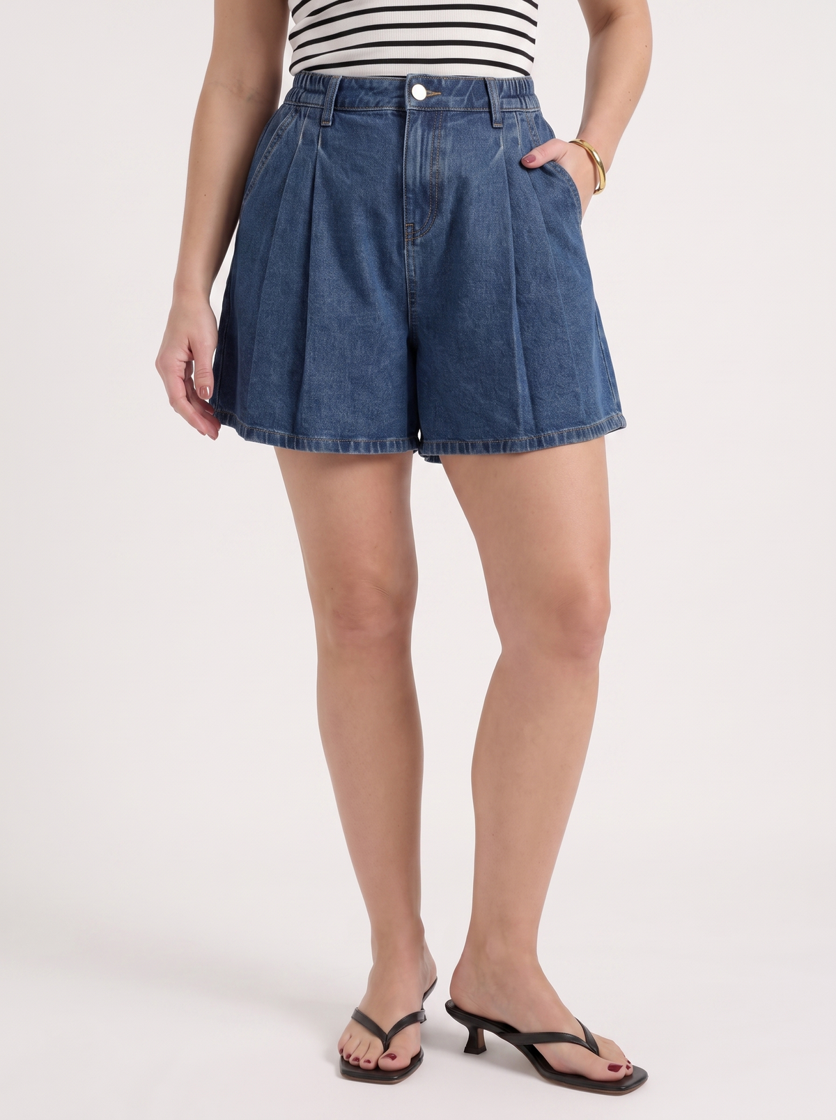 Leila High Waisted Pleated Denim Shorts