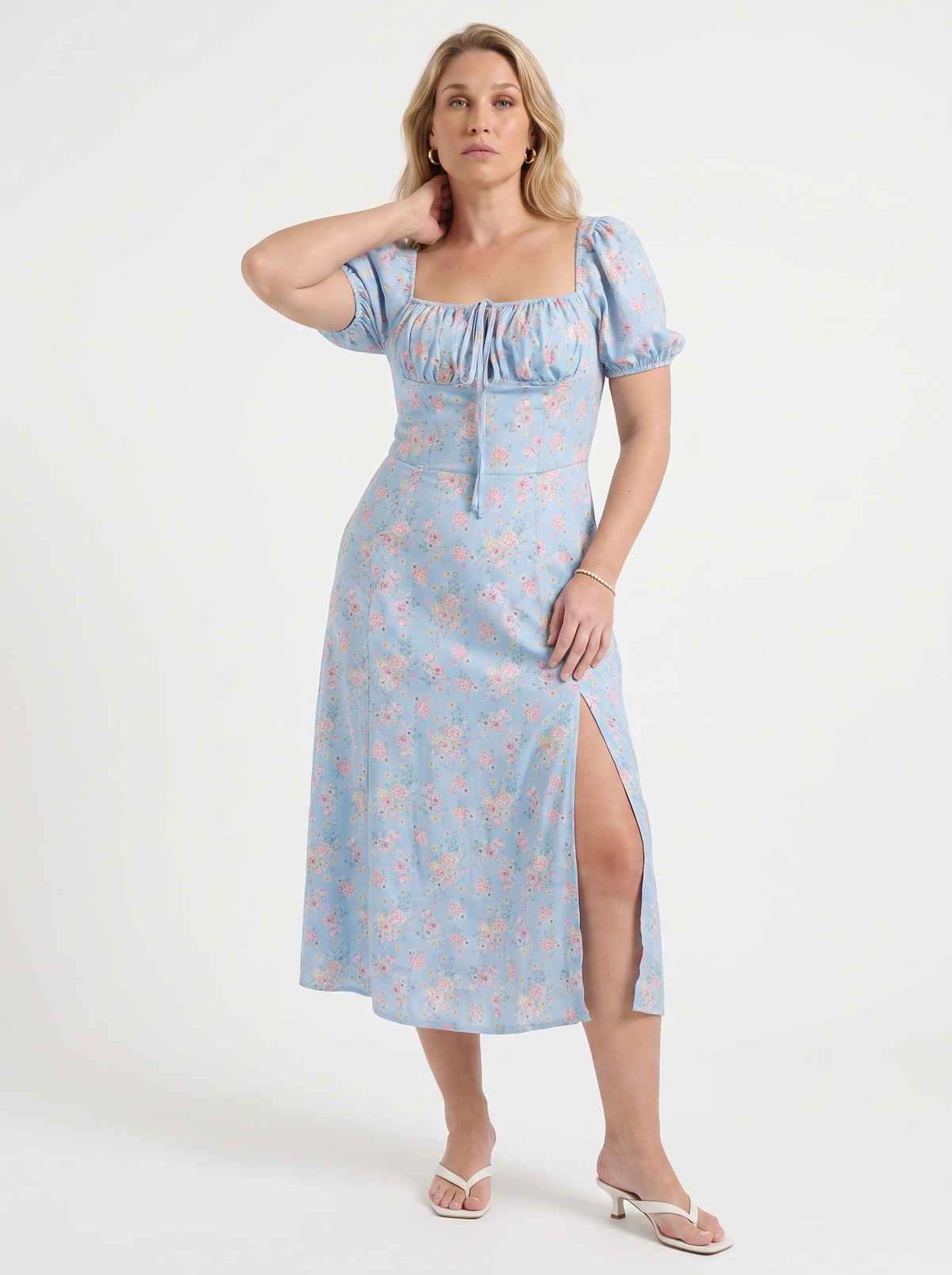 Ivy Floral Puff Sleeve Tiered Cotton Midi Dress