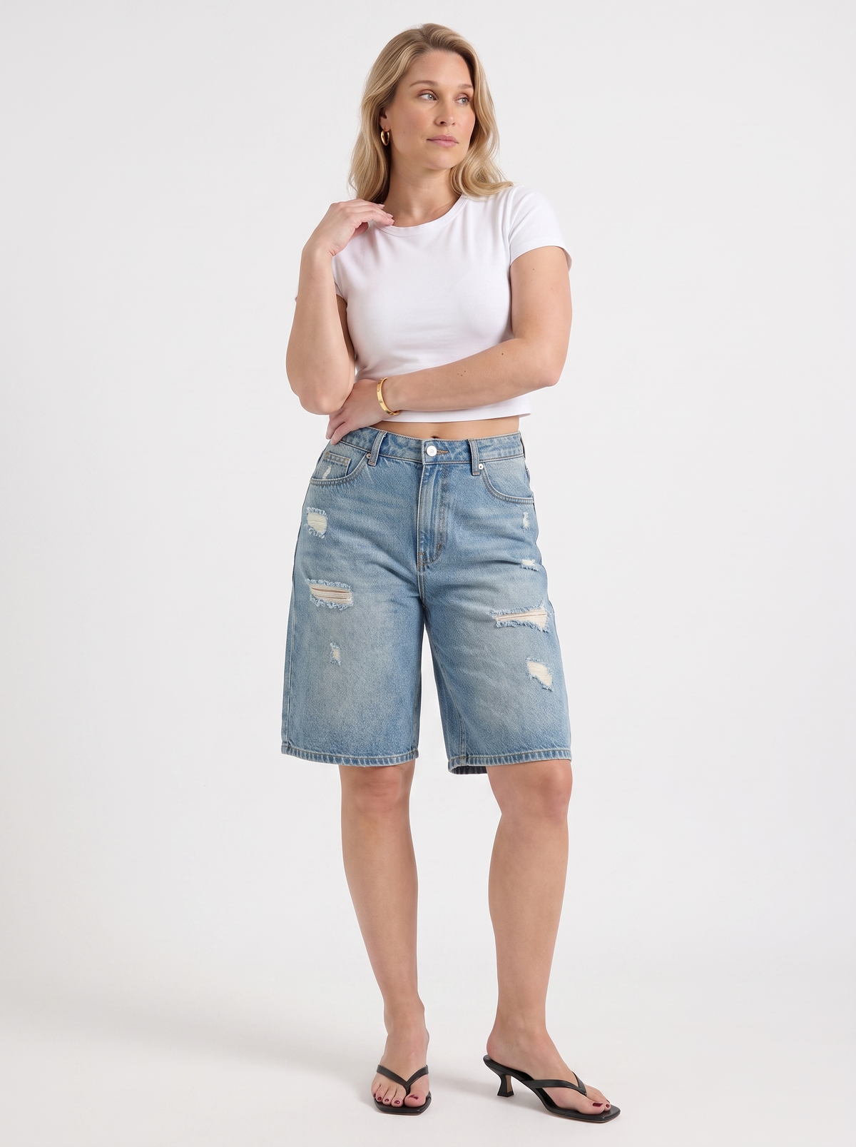Fergie Distressed High Waisted Denim Bermuda Shorts