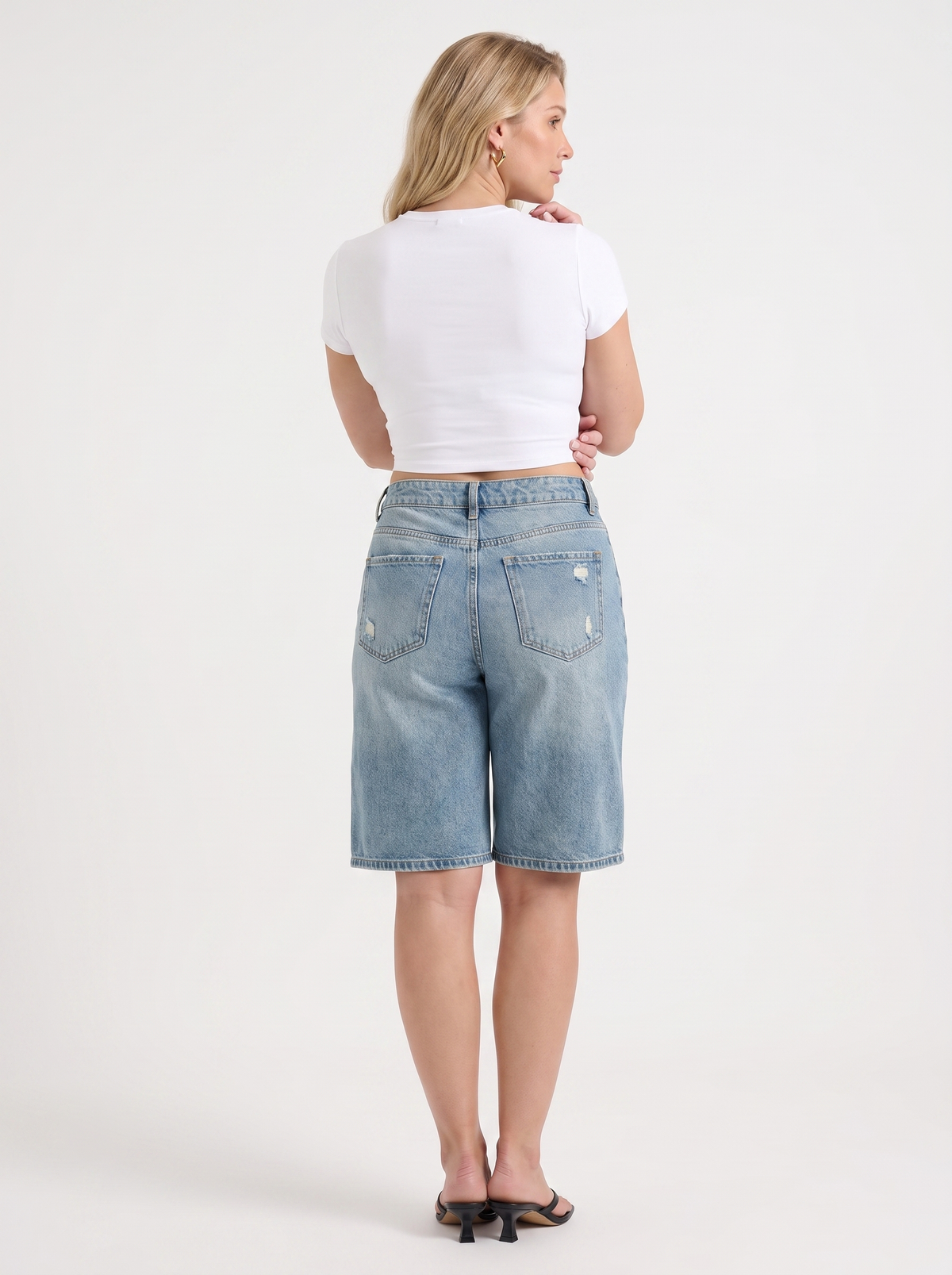 Fergie Distressed High Waisted Denim Bermuda Shorts