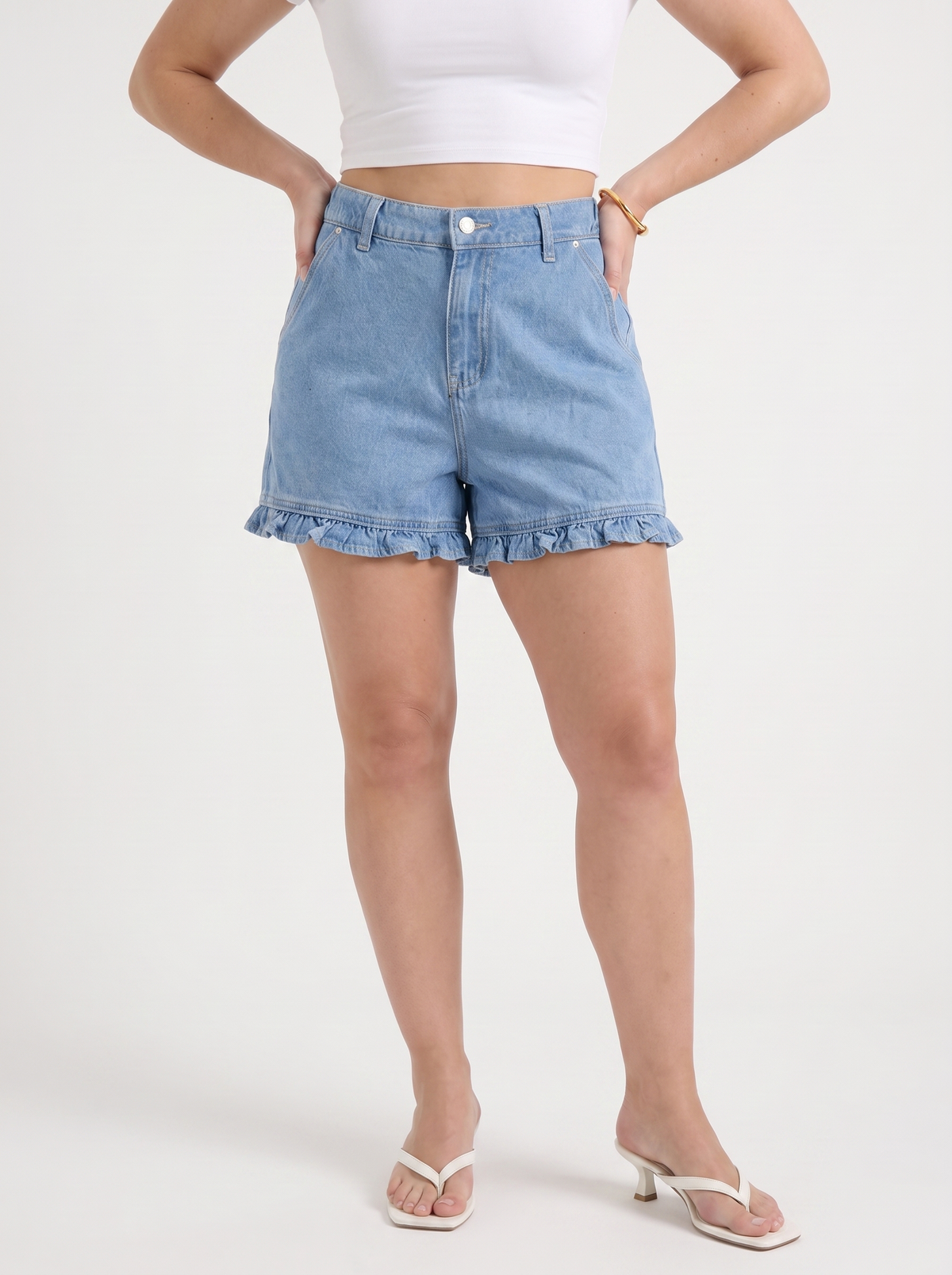 Kaia Ruffle Hem Denim Shorts