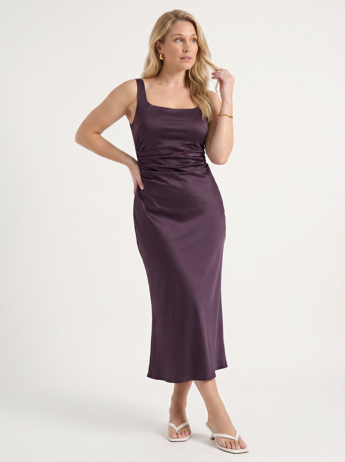 Lucia Satin Ruched Cocktail Midi Dress