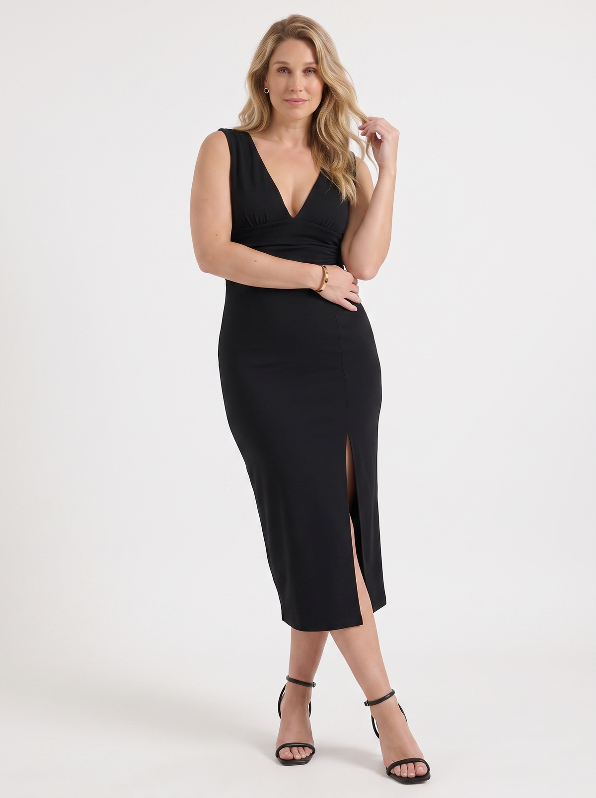 Leonora V Neck Ruched Midi Dress with Slit