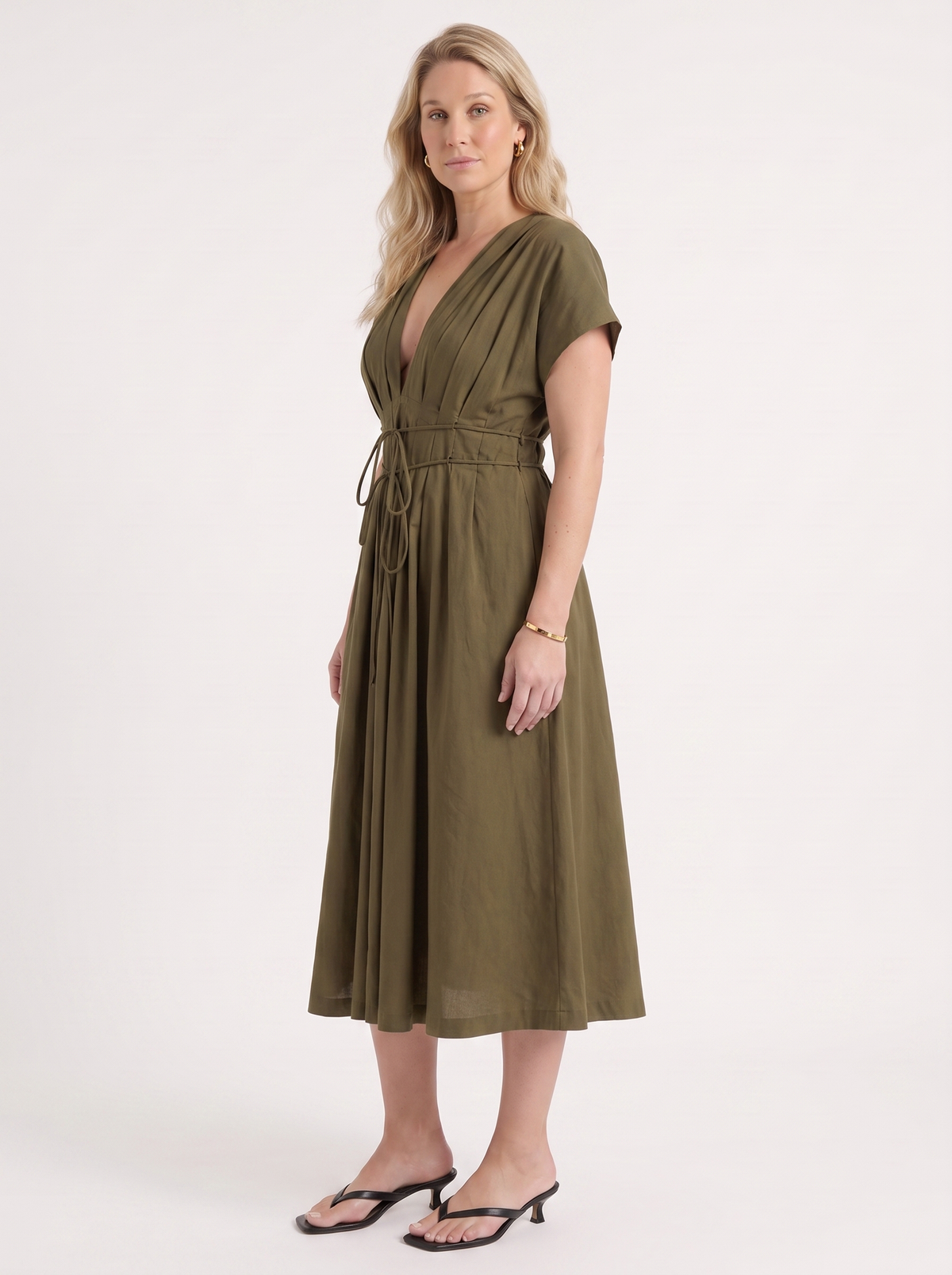 Blakely Smocked Waist Tie Front Midi Dress