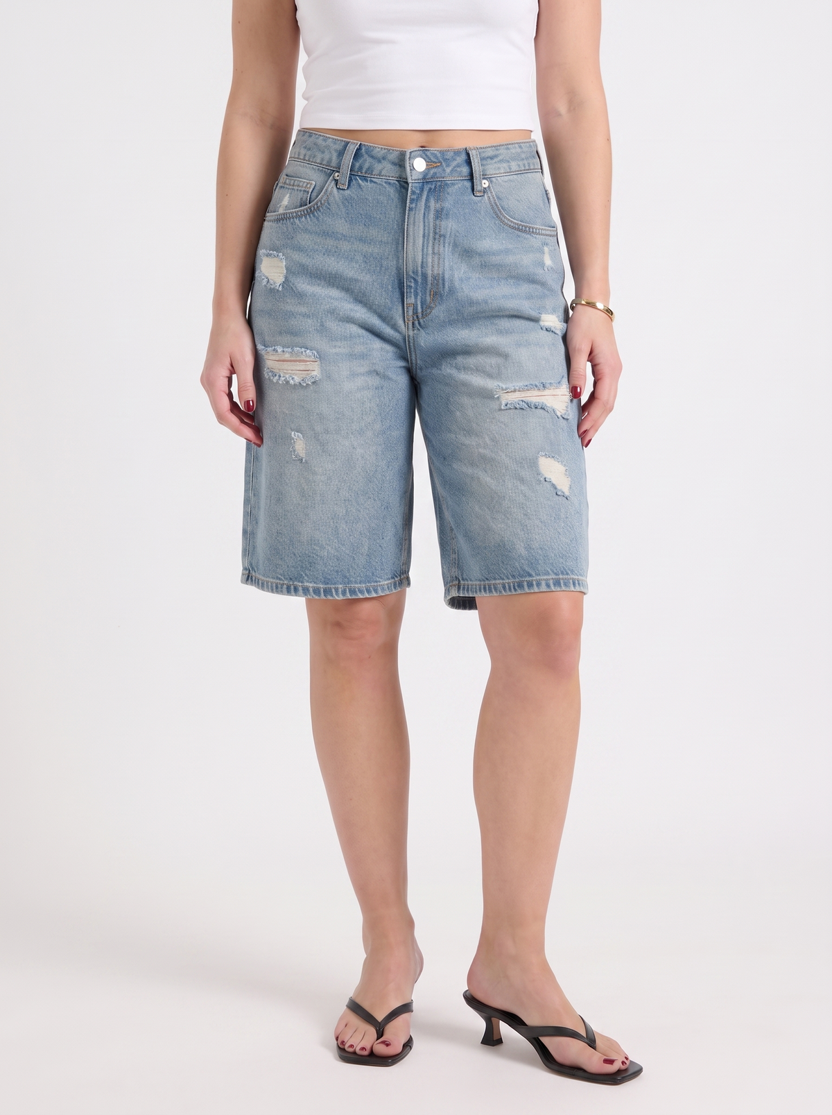 Fergie Distressed High Waisted Denim Bermuda Shorts