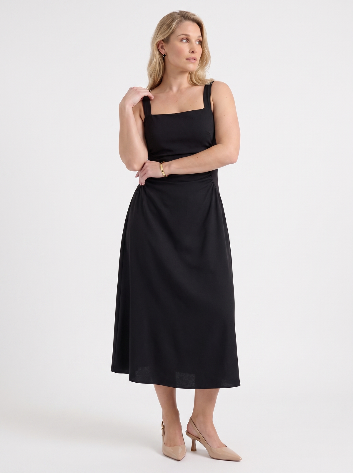 Calista Square Neck Ruched Waist Midi Dress