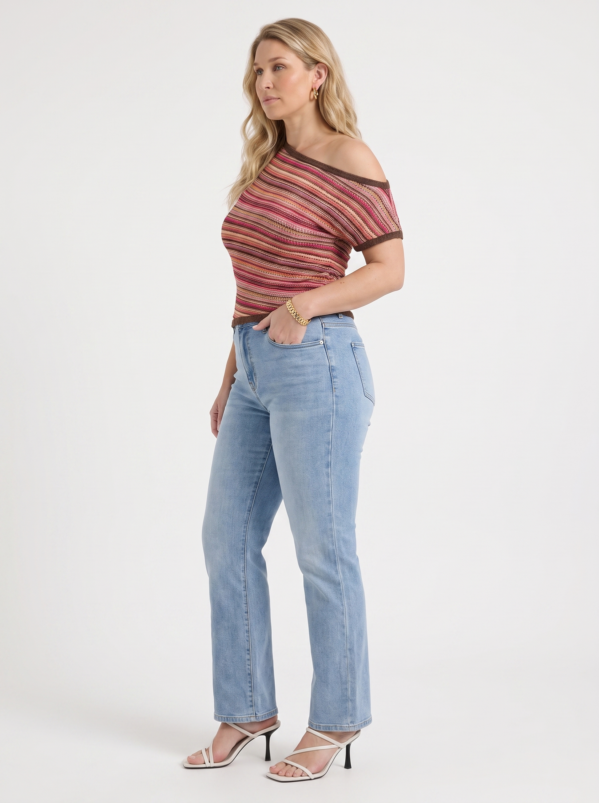 Jolie Striped Asymmetric Shoulder Knit Top