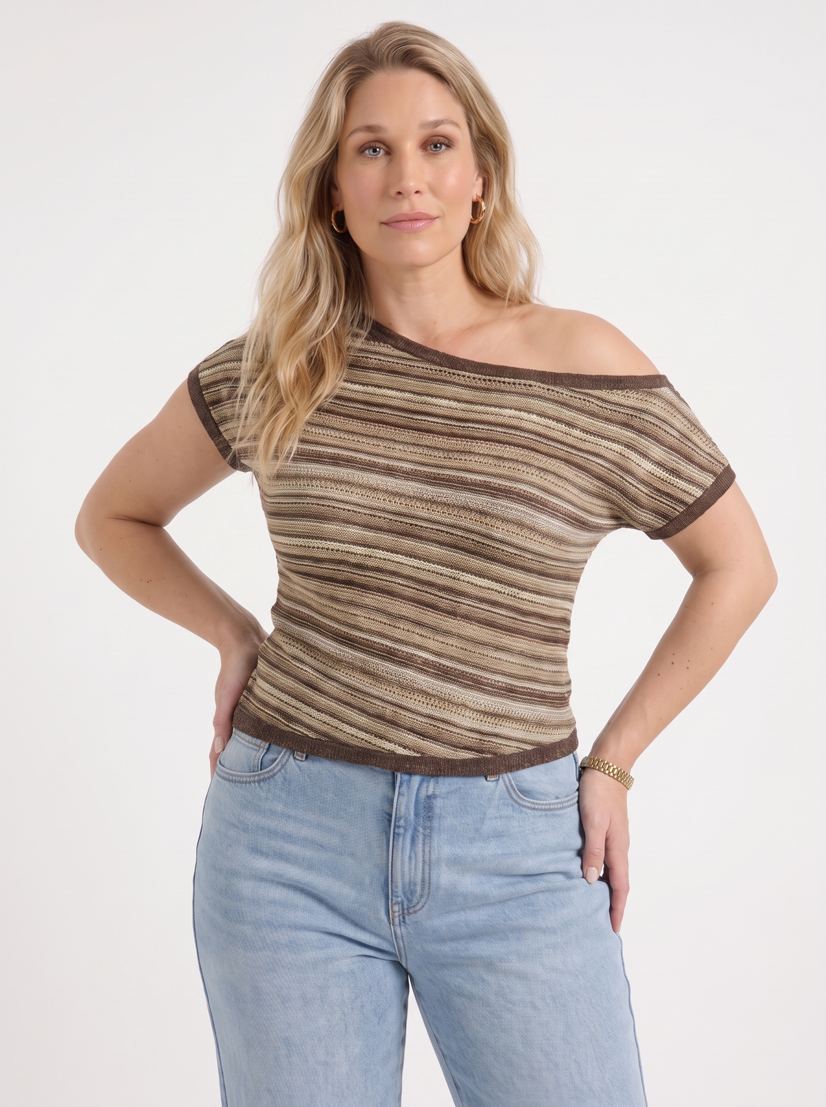 Jolie Striped Asymmetric Shoulder Knit Top