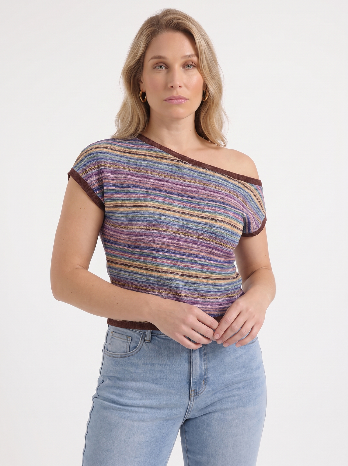 Jolie Striped Asymmetric Shoulder Knit Top
