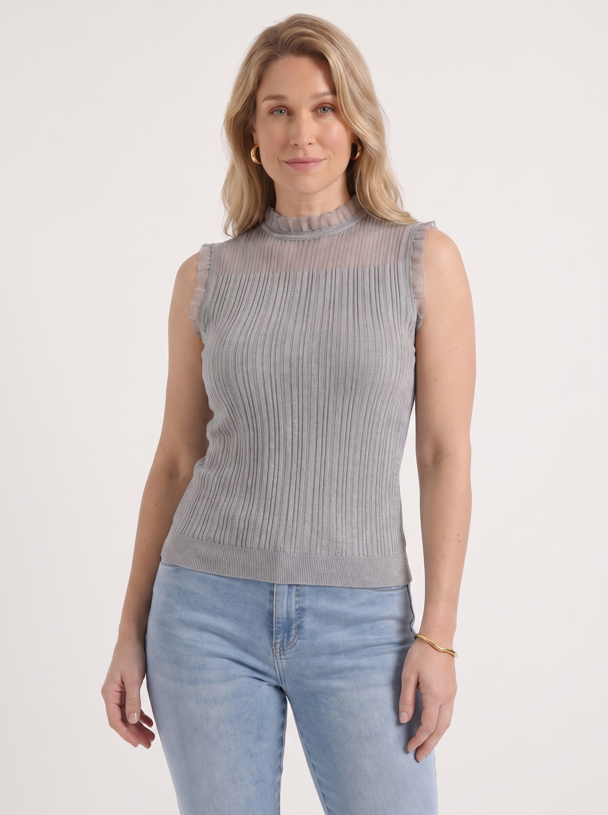 Lena Mesh Stand Collar Ribbed Top