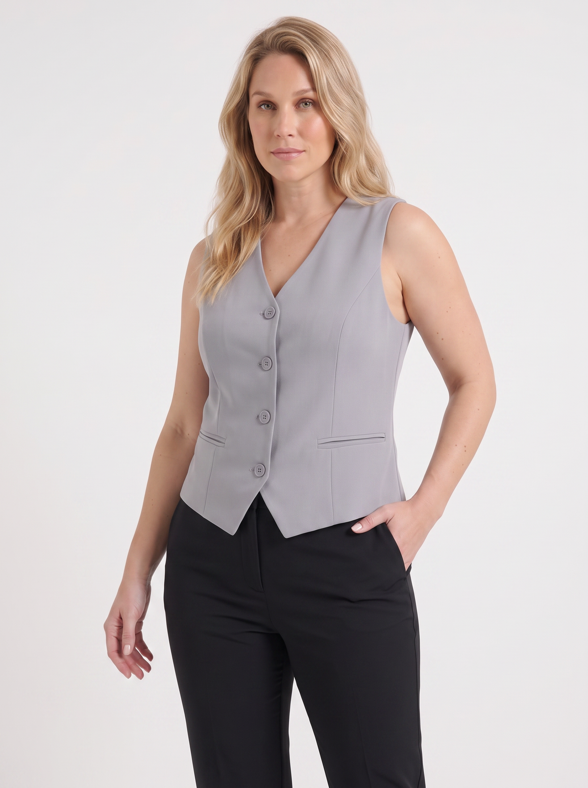 Cora V Neck Button Front Vest with Pockets