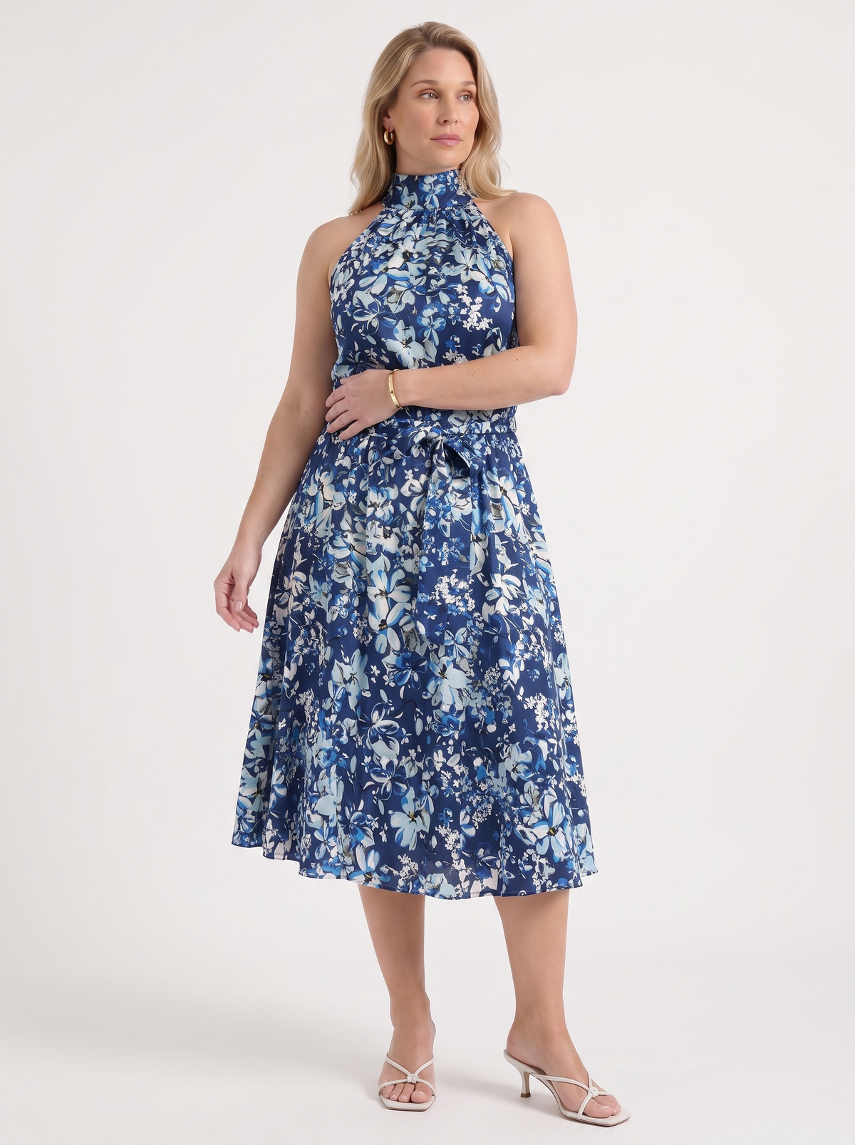 Brit Floral Stand Collar Sleeveless Midi Dress