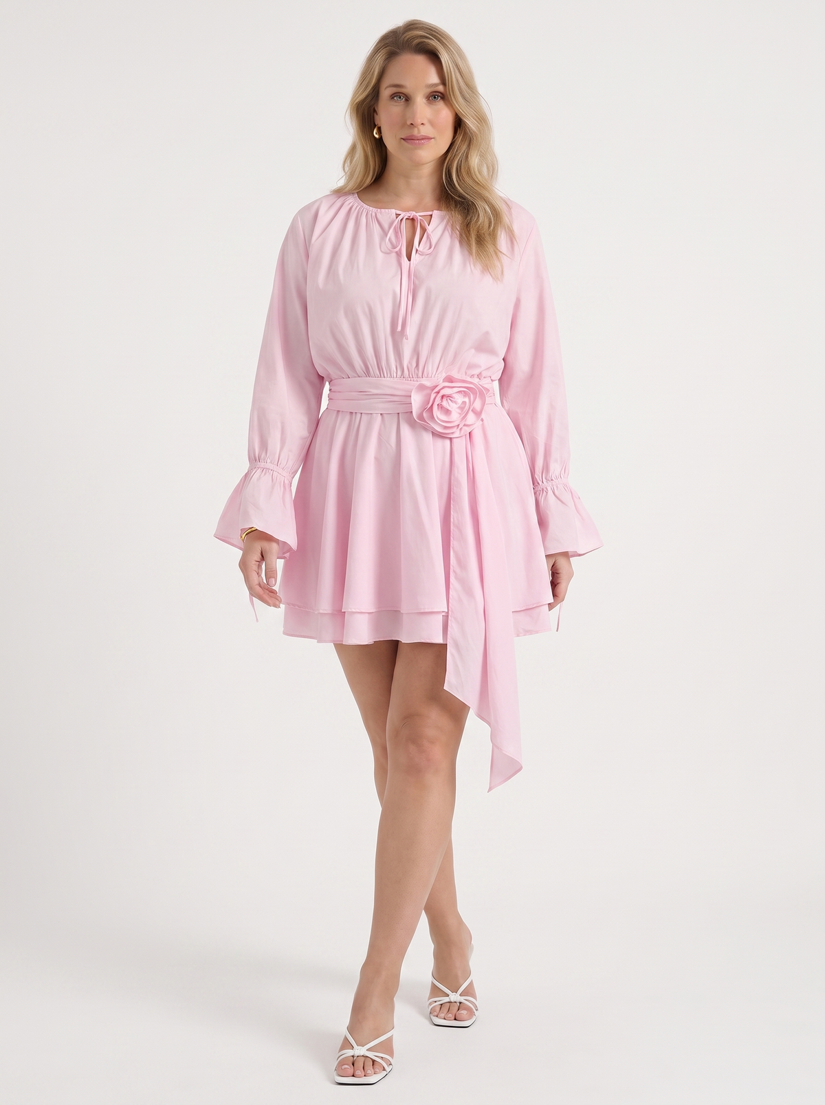 Candy 3D Flower Belted Long Sleeve Mini Dress