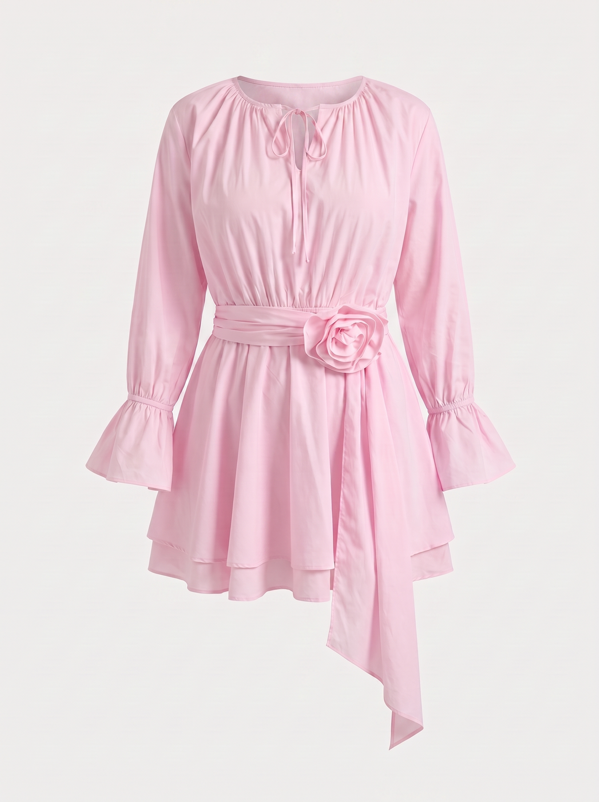 Candy 3D Flower Belted Long Sleeve Mini Dress