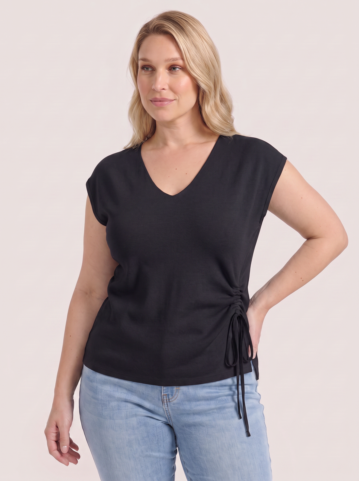 Kim Ribbed V Neck Cap Sleeve Top
