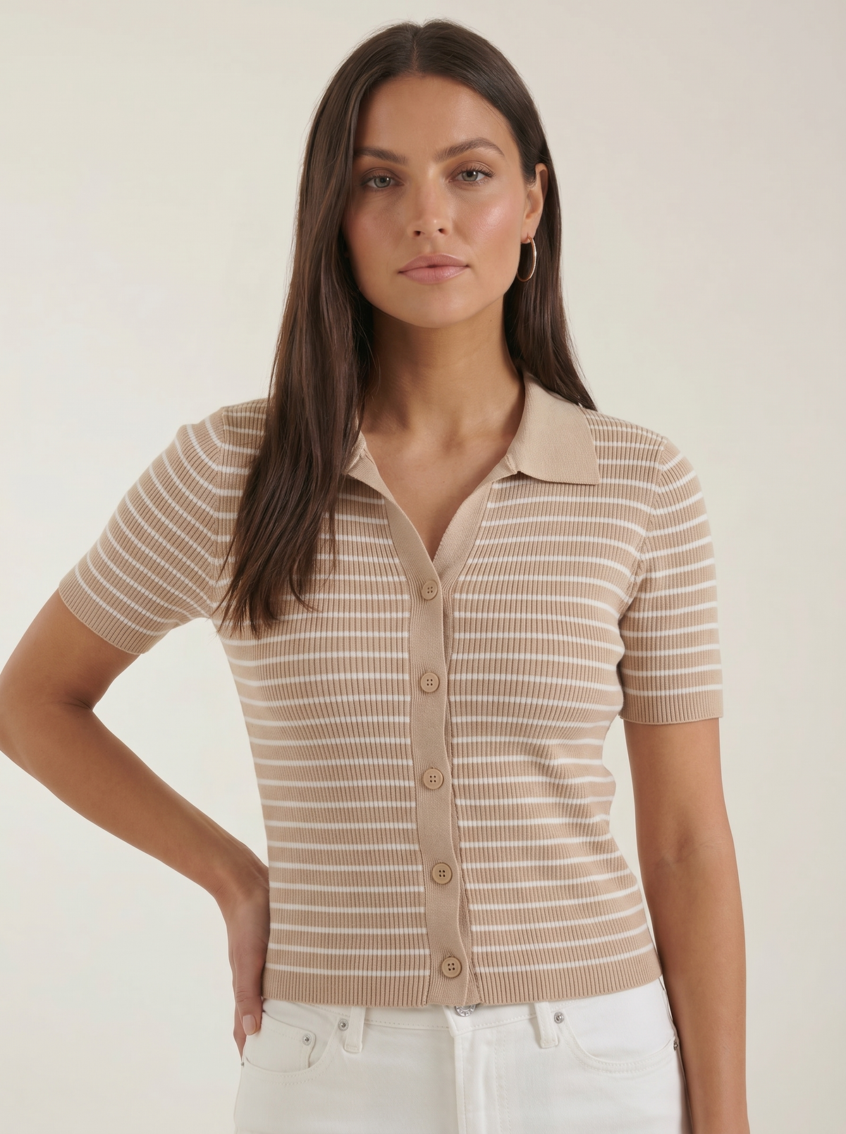 Edith Striped Knit Polo Top