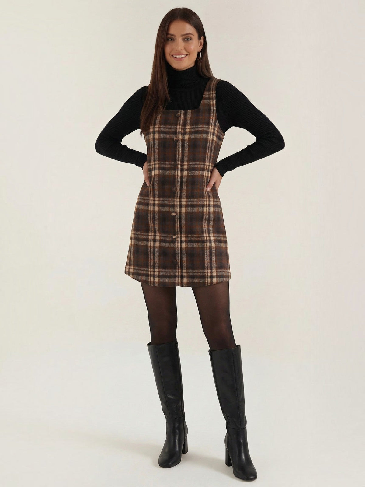 Annette Plaid Button Front Pinafore Mini Dress