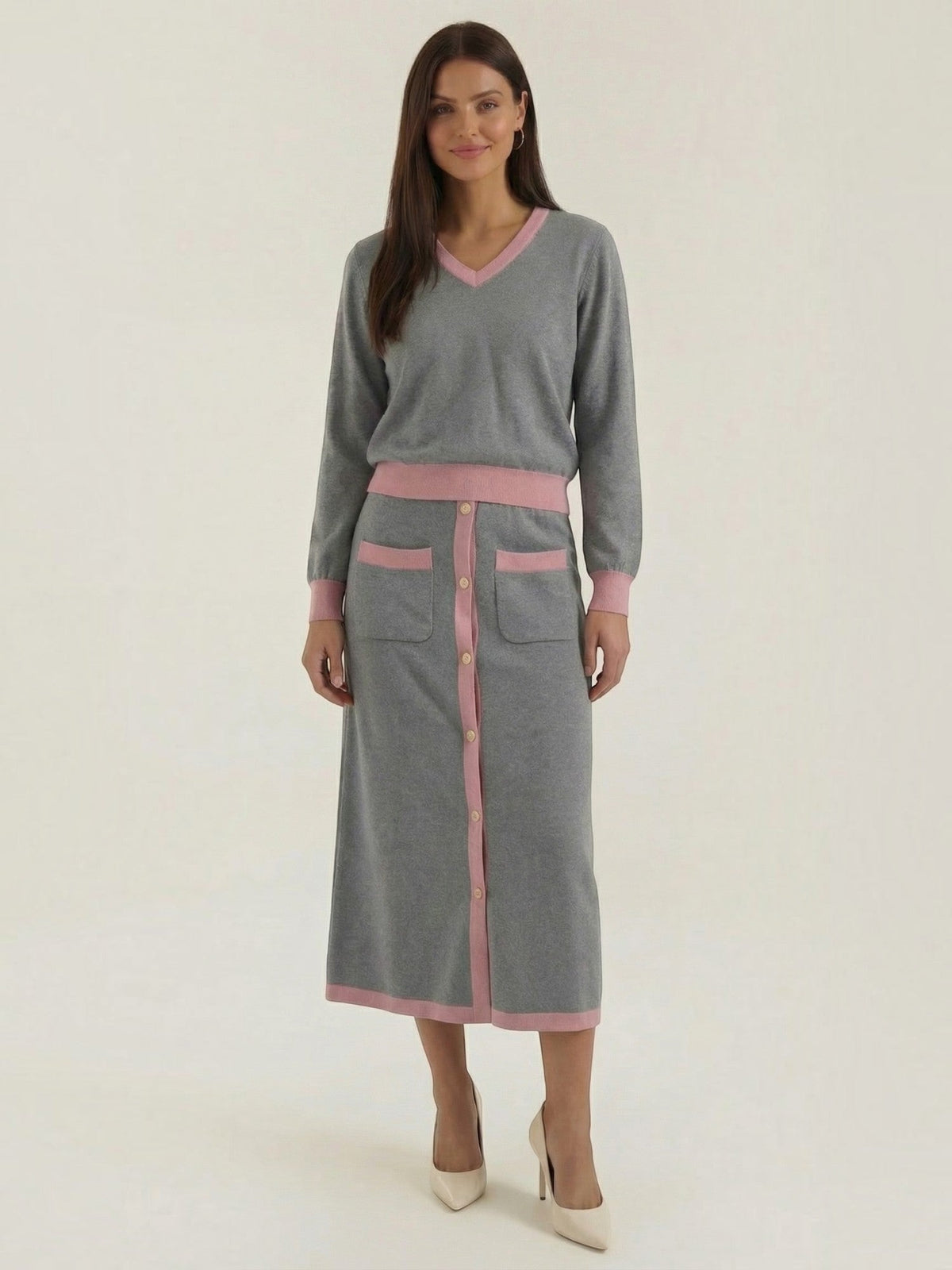 Cheryl V Neck Sweater and Midi Skirt Set