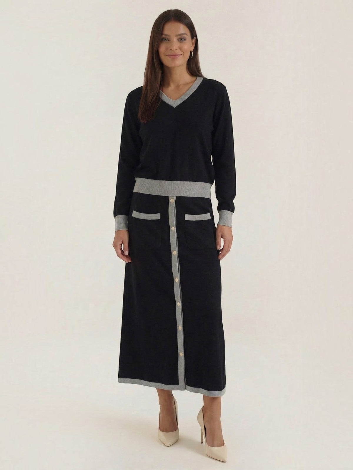 Cheryl V Neck Sweater and Midi Skirt Set