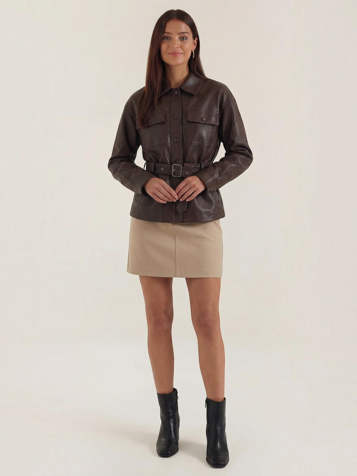 Christina Belted Faux Leather Jacket