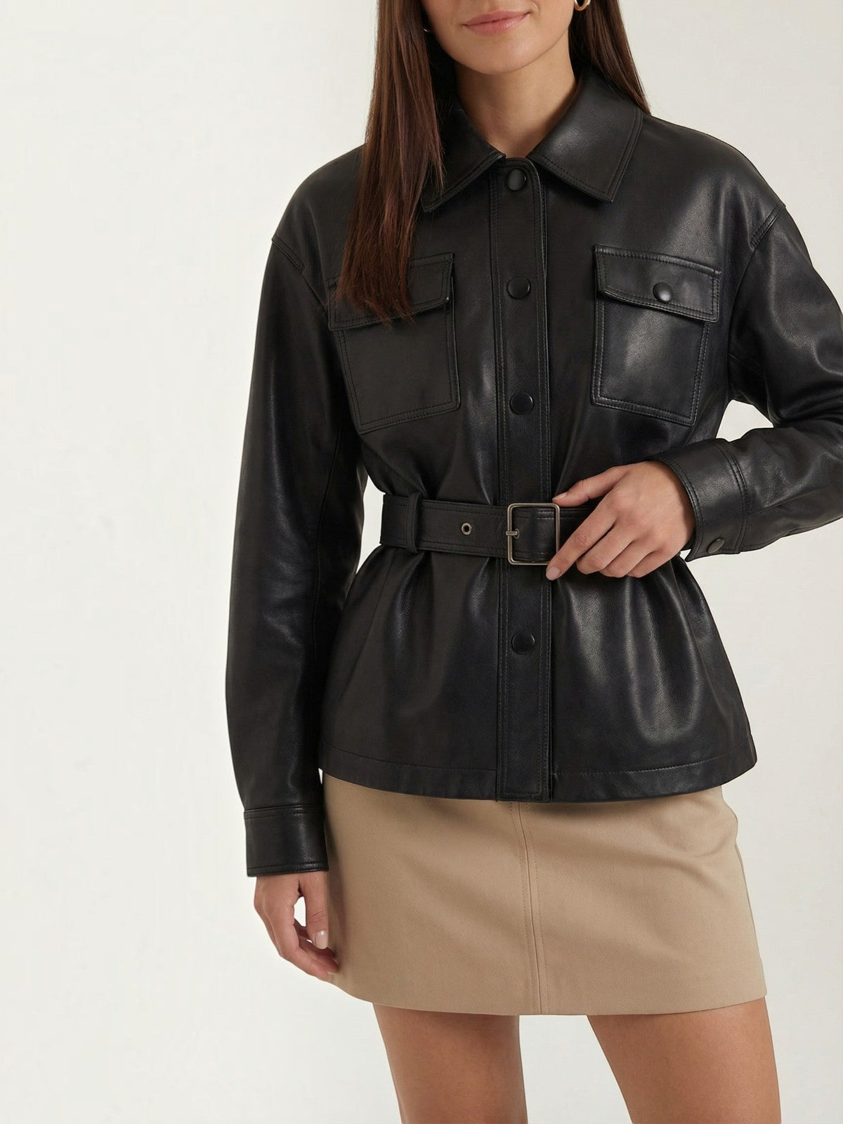 Christina Belted Faux Leather Jacket
