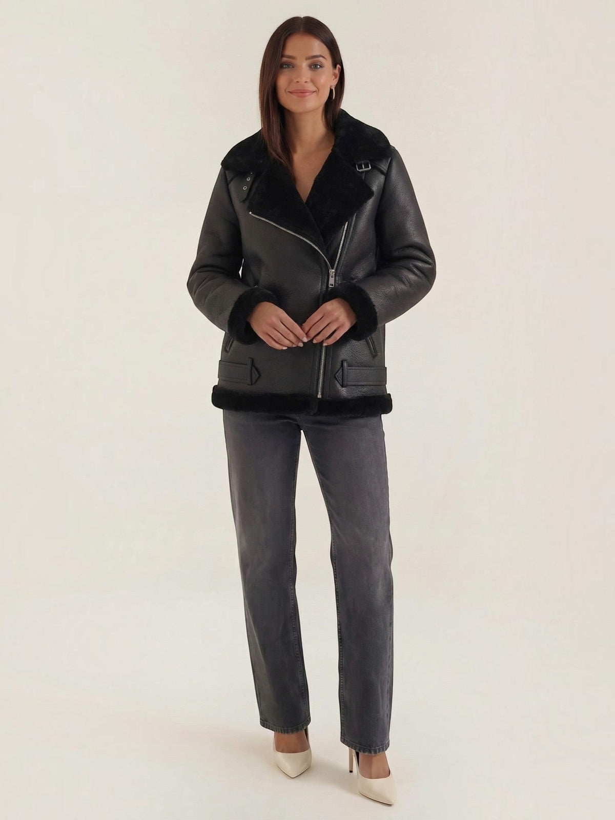 Christine Teddy Collar Biker Jacket