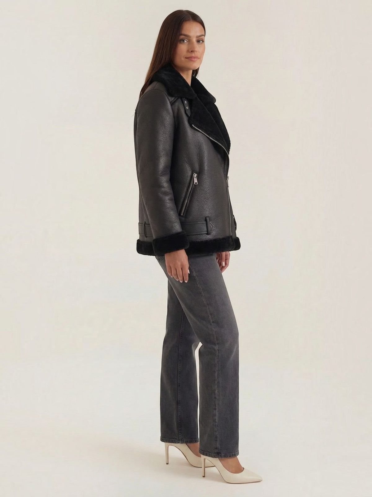 Christine Teddy Collar Biker Jacket