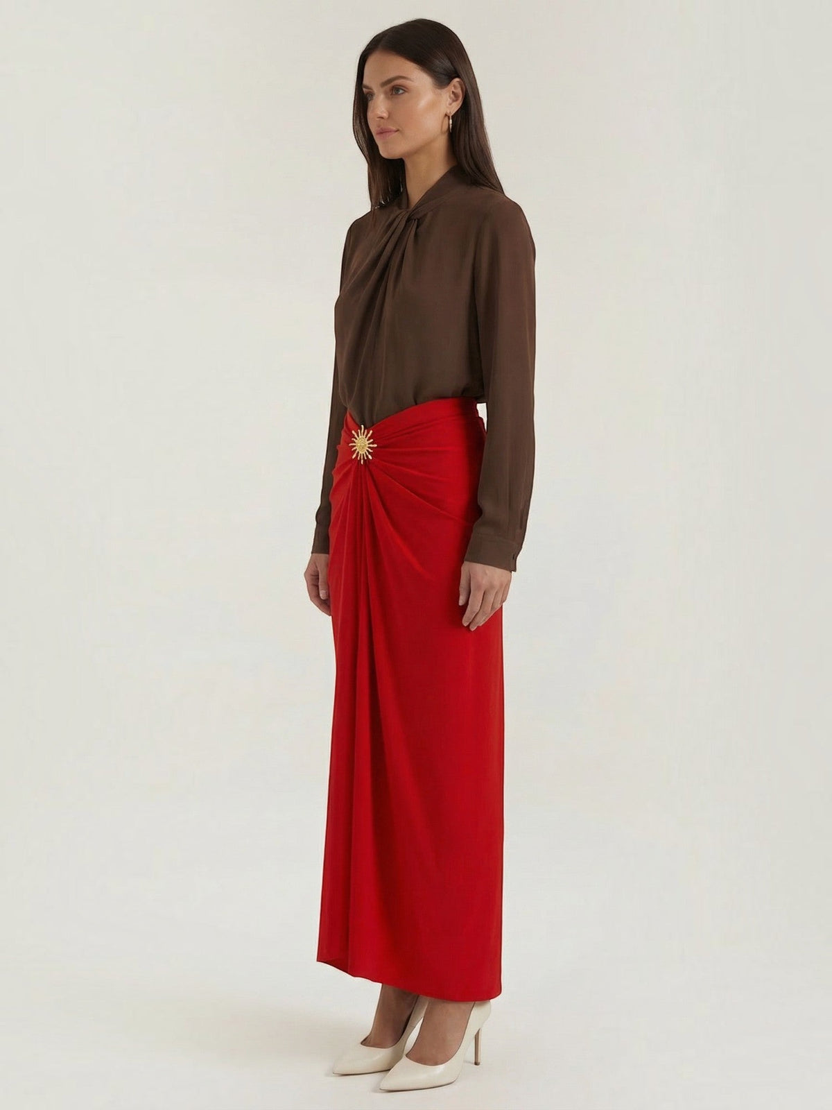 Cleo Draped Asymmetric Maxi Skirt with Brooch