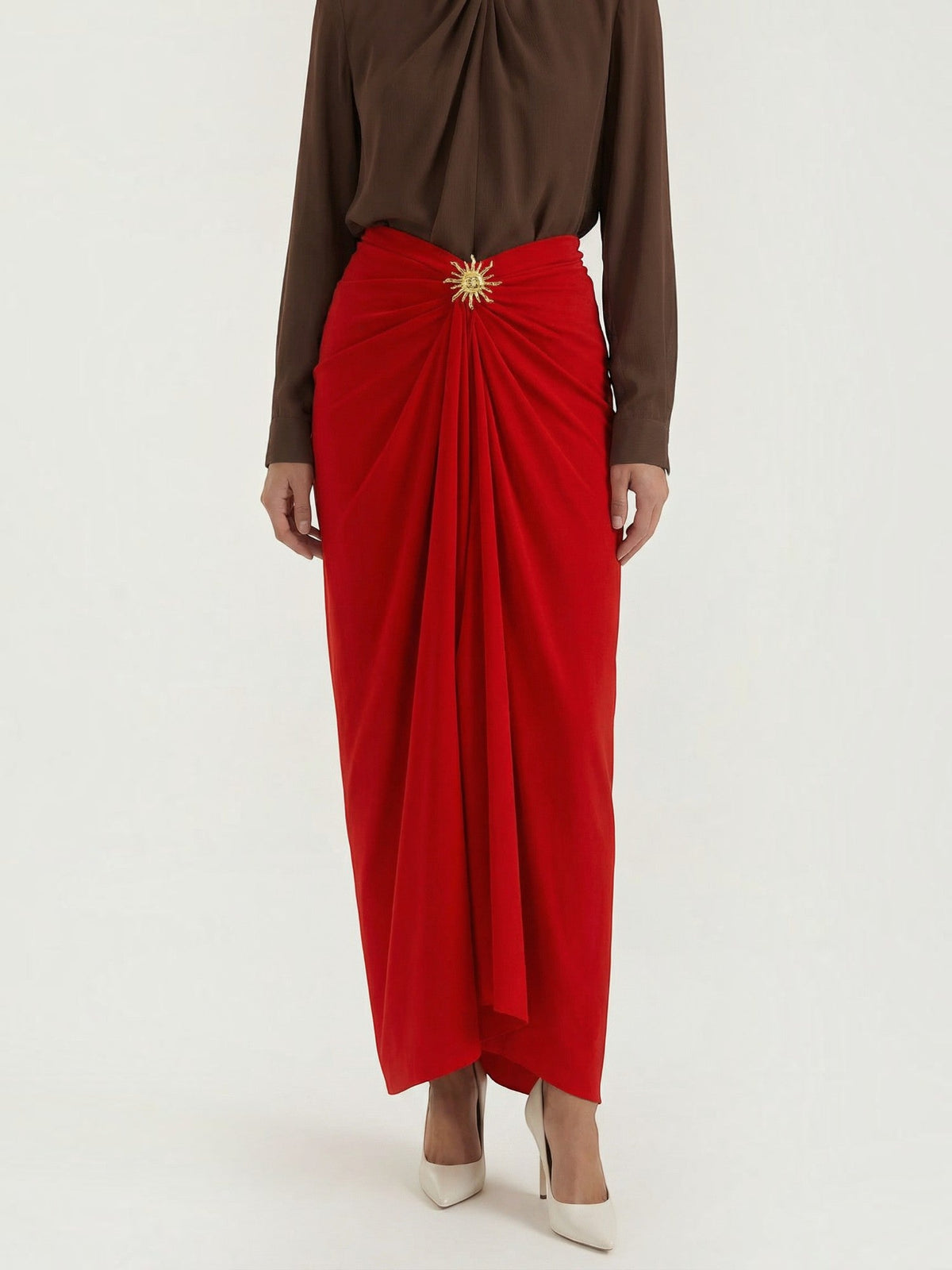 Cleo Draped Asymmetric Maxi Skirt with Brooch