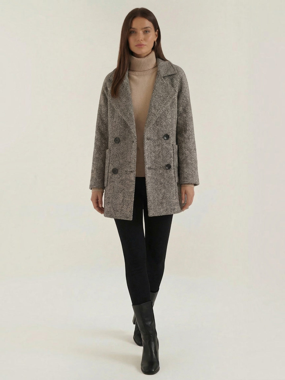 Dana Herringbone Double Breasted Short Coat