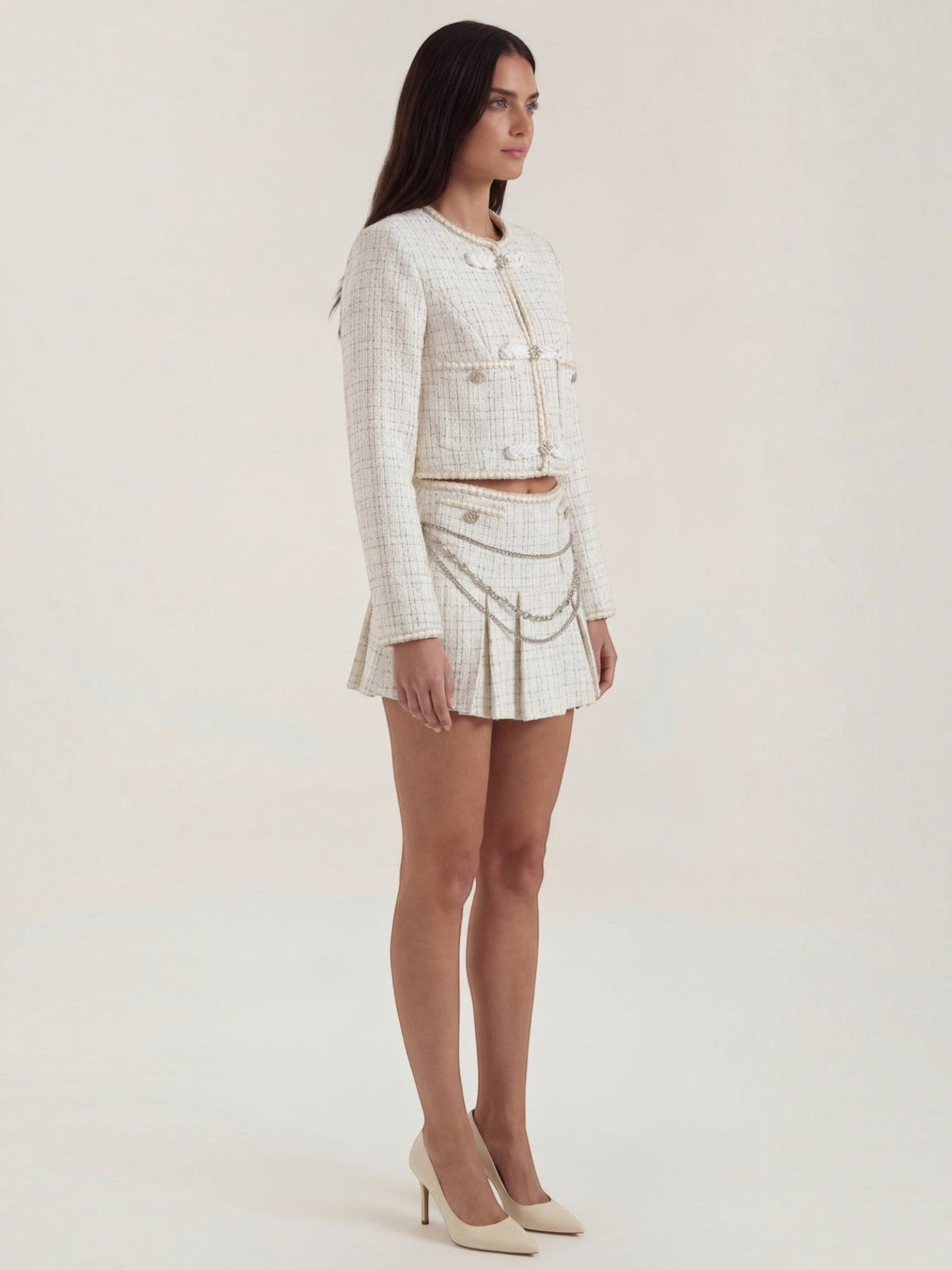 Doris Cropped Tweed Jacket and Pleated Mini Skirt Set