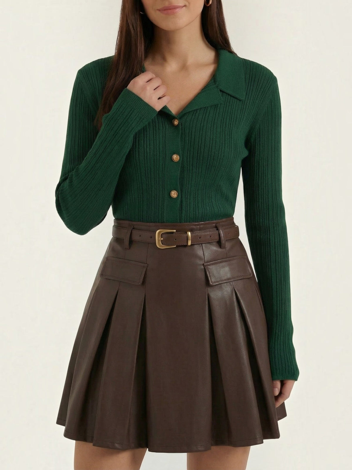 Elaine Polo Collar Gold Button Ribbed Cardigan