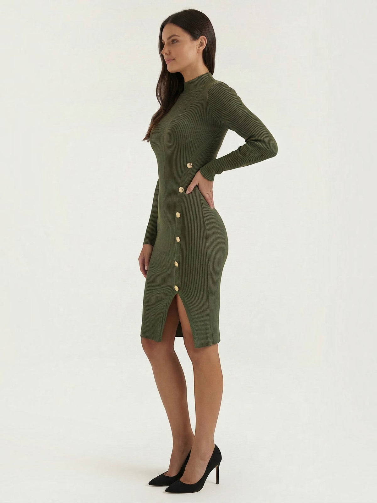 Erin Ribbed Knit Gold Button Midi Dress