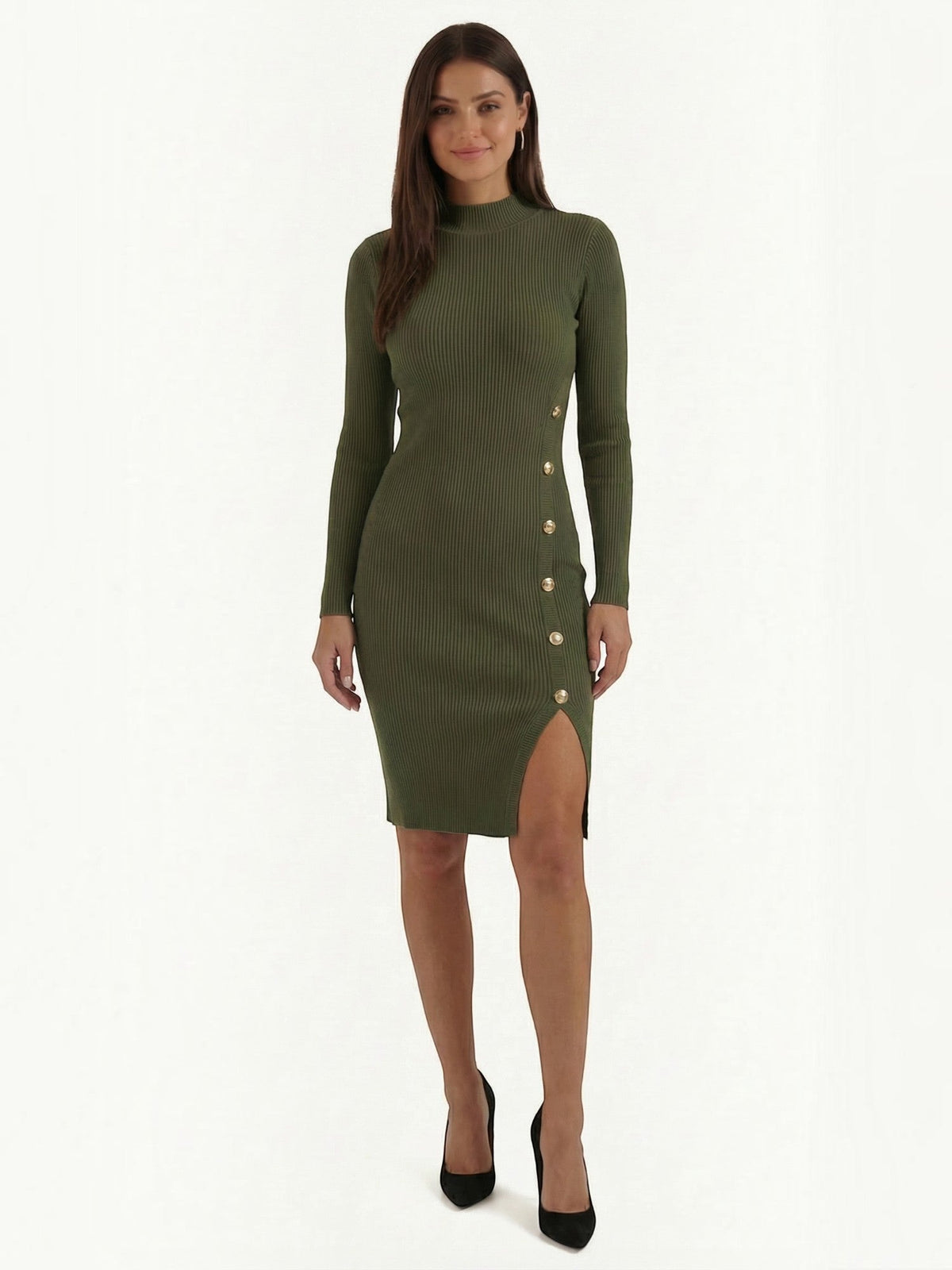Erin Ribbed Knit Gold Button Midi Dress